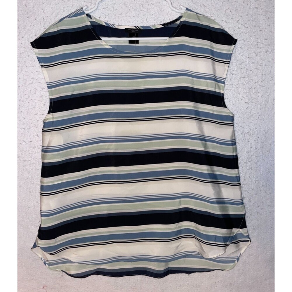 ANN TAYLOR Petite Womens LP SATIN SLEEVELESS BLOUSE TOP Blue striped